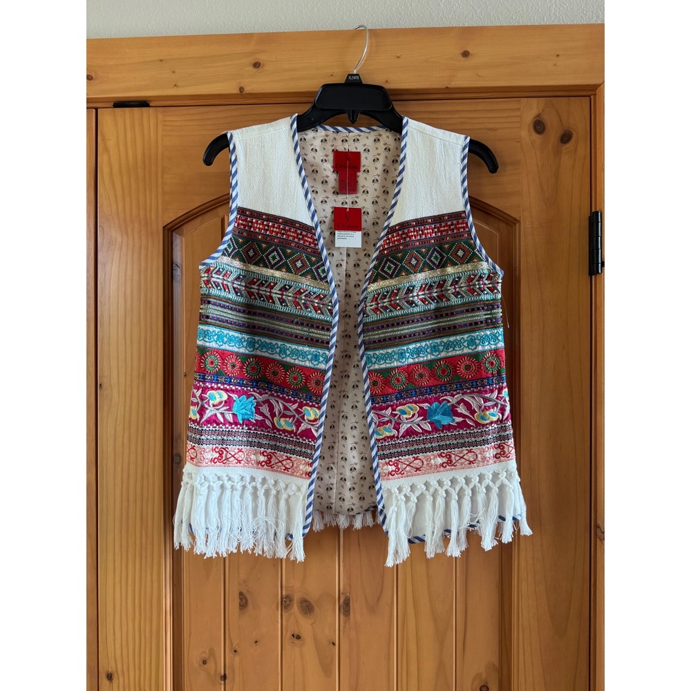 V Cristina Embroidered Boho Fringe Vest Multi Color Linen Cotton Small NWT